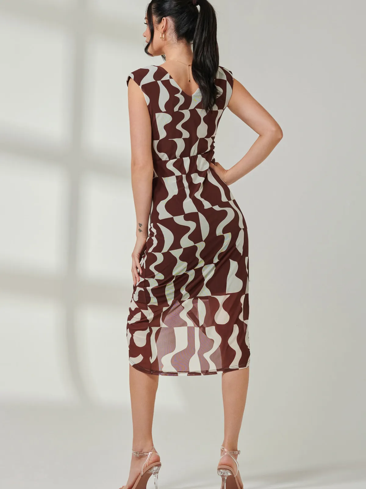 Jolie Moi Occasion Dresses|Sleeveless Dresses-Mesh Wrap Ruched Bodycon Dress, Brown Pattern
