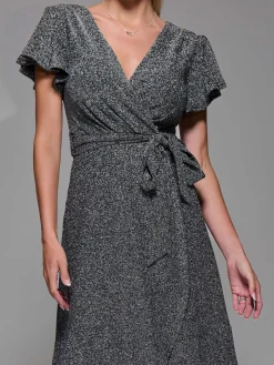 Jolie Moi Occasion Dresses|Party Dresses- Metalic Angel Sleeve Wrap Maxi Dress Black Silver