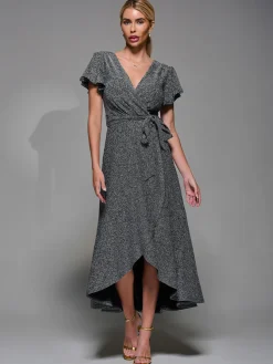 Jolie Moi Occasion Dresses|Party Dresses- Metalic Angel Sleeve Wrap Maxi Dress Black Silver