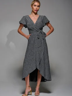 Jolie Moi Occasion Dresses|Party Dresses- Metalic Angel Sleeve Wrap Maxi Dress Black Silver