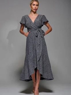 Jolie Moi Occasion Dresses|Party Dresses- Metalic Angel Sleeve Wrap Maxi Dress Black Silver