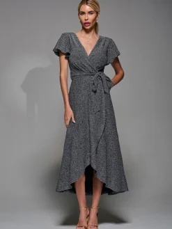Jolie Moi Occasion Dresses|Party Dresses- Metalic Angel Sleeve Wrap Maxi Dress Black Silver