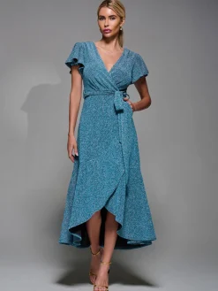 Jolie Moi Occasion Dresses|Party Dresses- Metalic Angel Sleeve Wrap Maxi Dress Blue / Silver