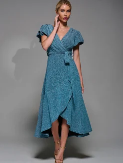 Jolie Moi Occasion Dresses|Party Dresses- Metalic Angel Sleeve Wrap Maxi Dress Blue / Silver