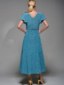 Jolie Moi Occasion Dresses|Party Dresses- Metalic Angel Sleeve Wrap Maxi Dress Blue / Silver