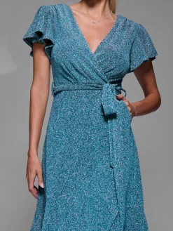 Jolie Moi Occasion Dresses|Party Dresses- Metalic Angel Sleeve Wrap Maxi Dress Blue / Silver