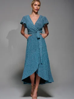 Jolie Moi Occasion Dresses|Party Dresses- Metalic Angel Sleeve Wrap Maxi Dress Blue / Silver
