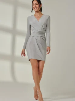 Jolie Moi Occasion Dresses|Party Dresses-Metallic Draped Knee Length Dress, Silver