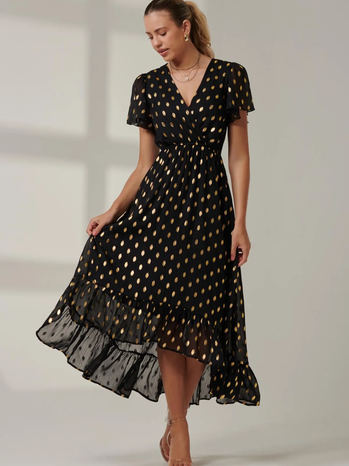 Jolie Moi Occasion Dresses|Wrap Dresses-Metallic Effect Angel Sleeve Maxi Dress, Black/Gold