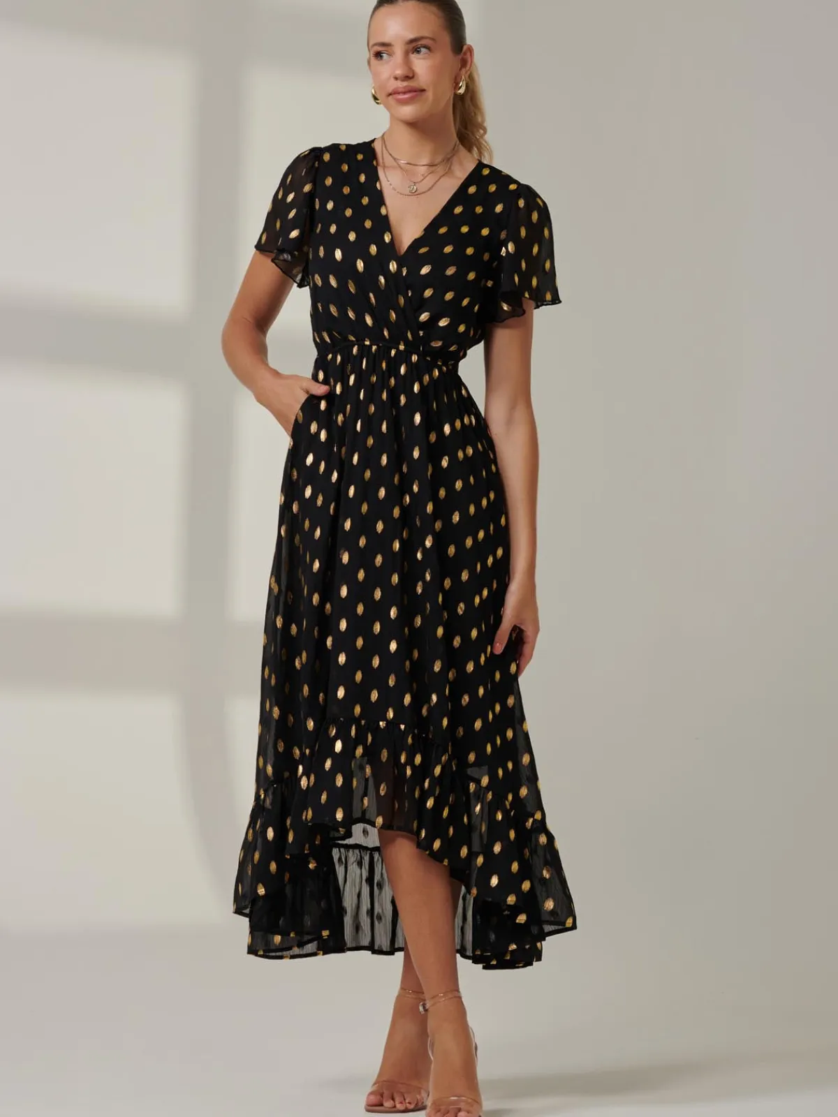 Jolie Moi Occasion Dresses|Wrap Dresses-Metallic Effect Angel Sleeve Maxi Dress, Black/Gold