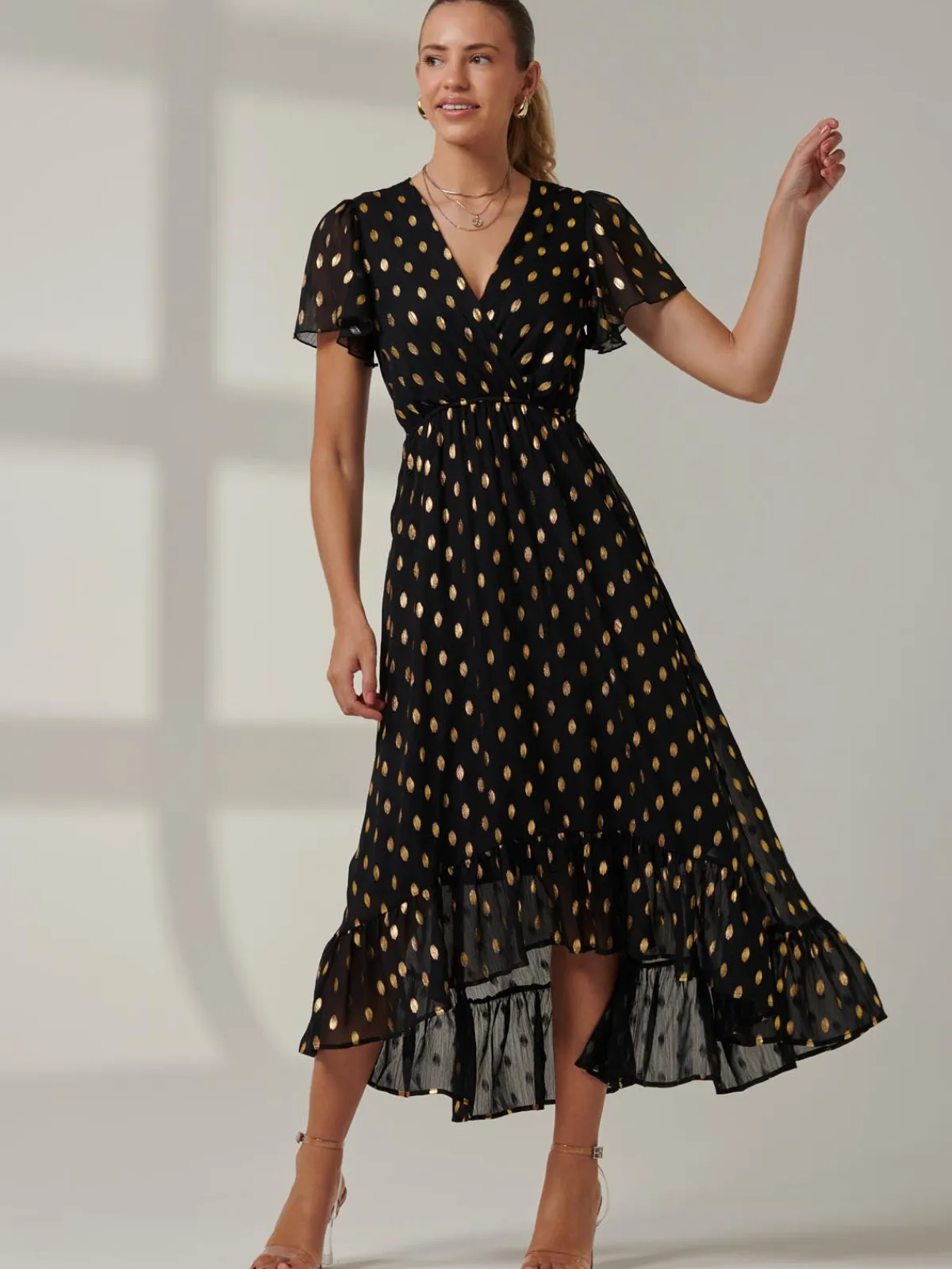 Jolie Moi Occasion Dresses|Wrap Dresses-Metallic Effect Angel Sleeve Maxi Dress, Black/Gold