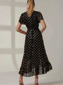 Jolie Moi Occasion Dresses|Wrap Dresses-Metallic Effect Angel Sleeve Maxi Dress, Black/Gold