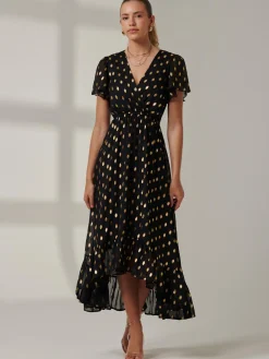 Jolie Moi Occasion Dresses|Wrap Dresses-Metallic Effect Angel Sleeve Maxi Dress, Black/Gold