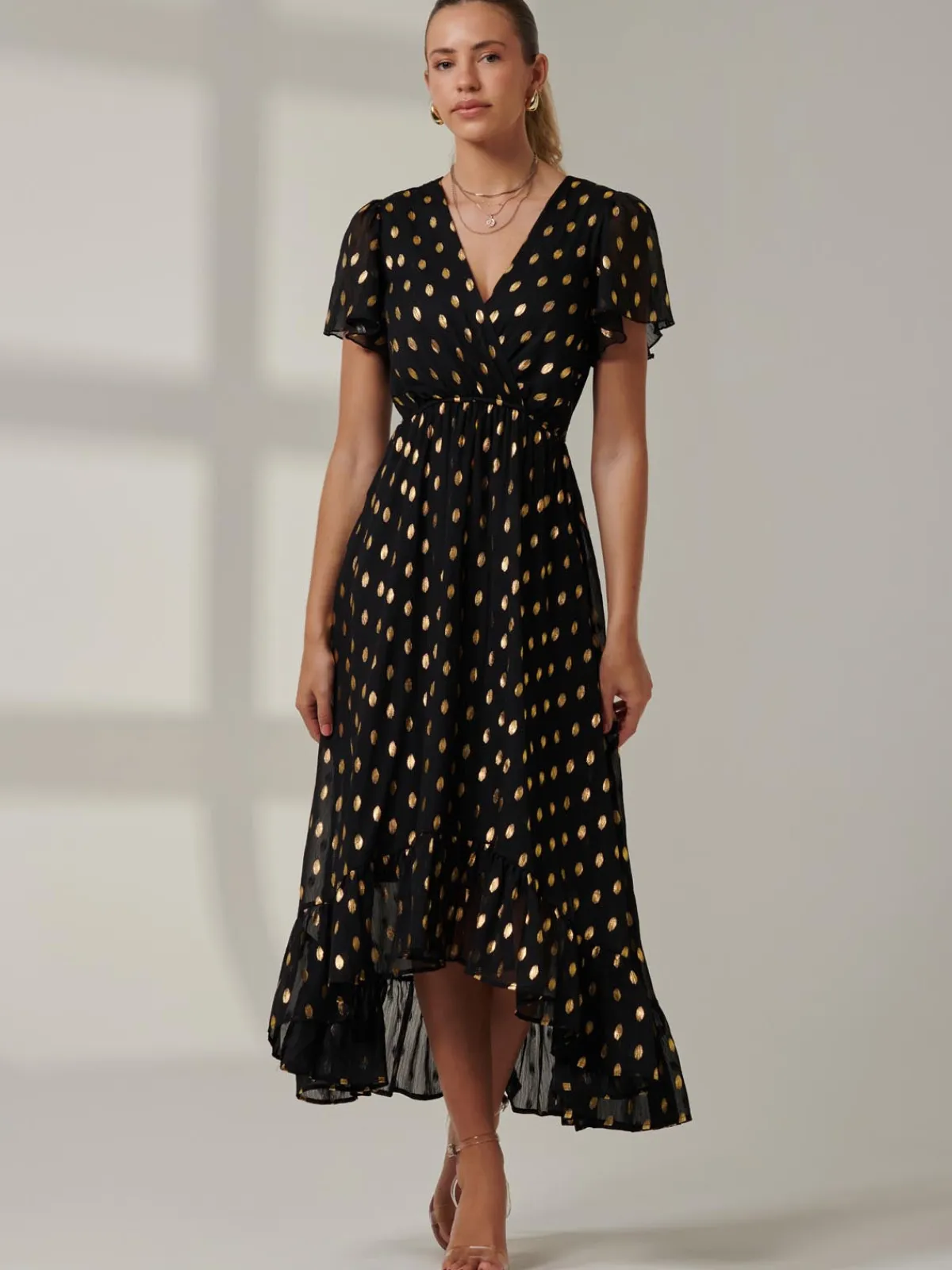Jolie Moi Occasion Dresses|Wrap Dresses-Metallic Effect Angel Sleeve Maxi Dress, Black/Gold