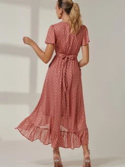 Jolie Moi Occasion Dresses|Wrap Dresses-Metallic Effect Angel Sleeve Maxi Dress, Coral/Gold