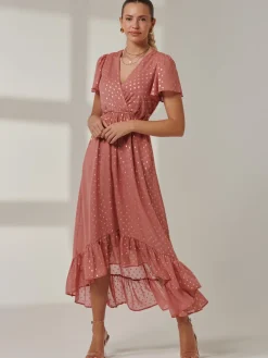 Jolie Moi Occasion Dresses|Wrap Dresses-Metallic Effect Angel Sleeve Maxi Dress, Coral/Gold