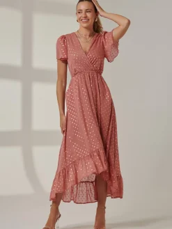 Jolie Moi Occasion Dresses|Wrap Dresses-Metallic Effect Angel Sleeve Maxi Dress, Coral/Gold