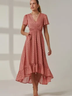 Jolie Moi Occasion Dresses|Wrap Dresses-Metallic Effect Angel Sleeve Maxi Dress, Coral/Gold