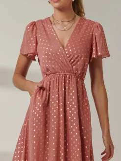 Jolie Moi Occasion Dresses|Wrap Dresses-Metallic Effect Angel Sleeve Maxi Dress, Coral/Gold