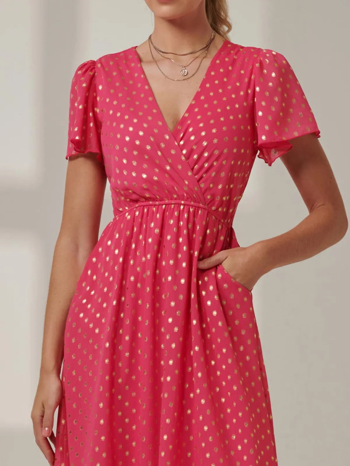 Jolie Moi Occasion Dresses|Wrap Dresses-Metallic Effect Angel Sleeve Maxi Dress, Fuschia/Gold