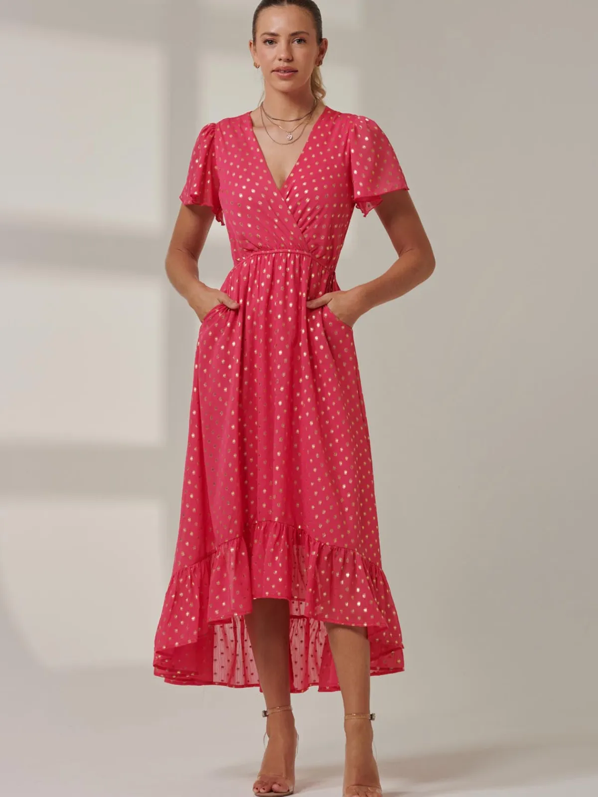 Jolie Moi Occasion Dresses|Wrap Dresses-Metallic Effect Angel Sleeve Maxi Dress, Fuschia/Gold