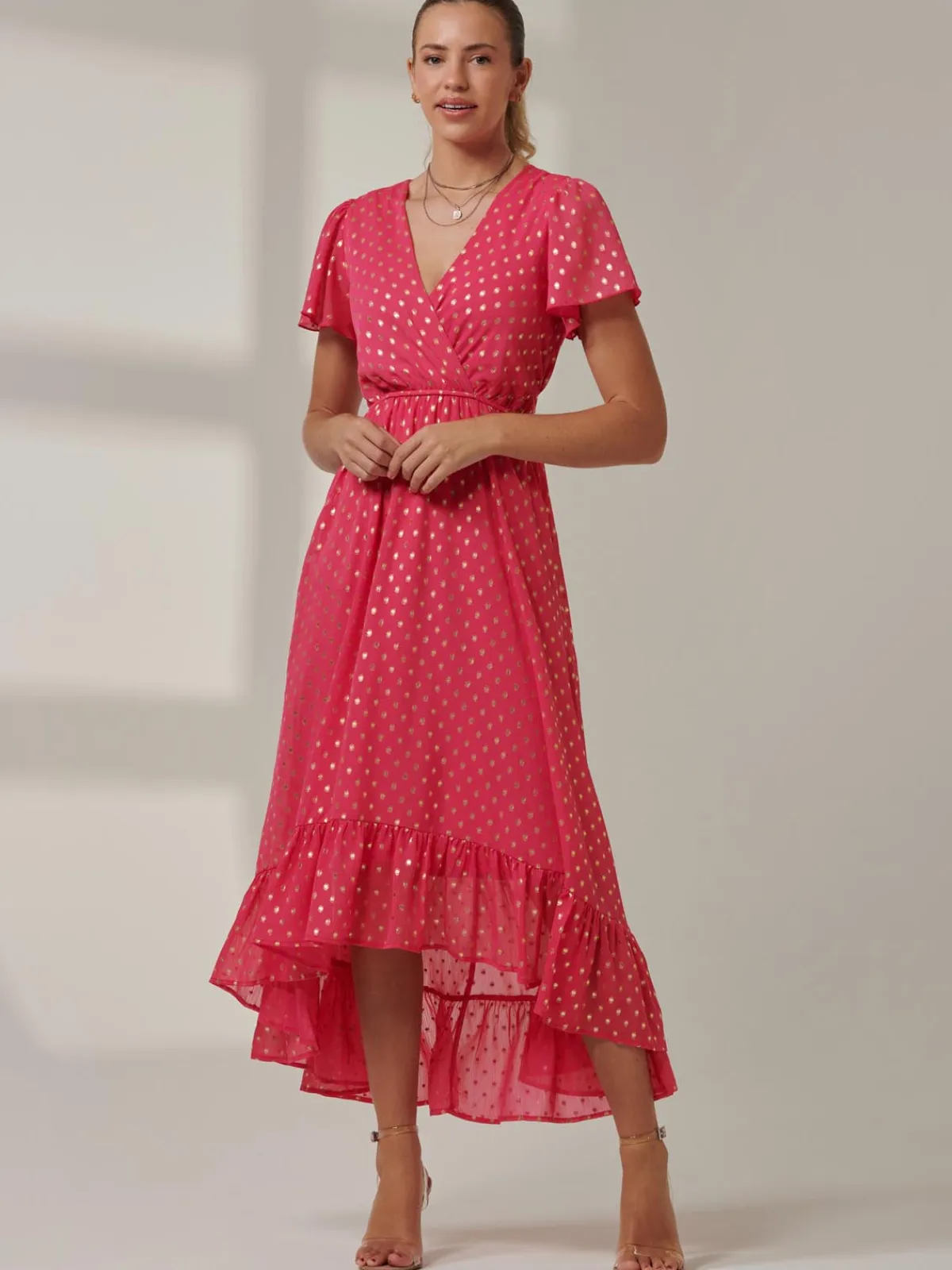 Jolie Moi Occasion Dresses|Wrap Dresses-Metallic Effect Angel Sleeve Maxi Dress, Fuschia/Gold