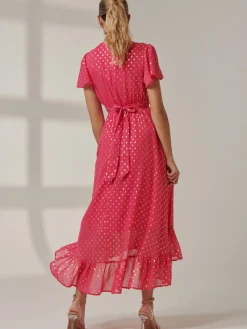 Jolie Moi Occasion Dresses|Wrap Dresses-Metallic Effect Angel Sleeve Maxi Dress, Fuschia/Gold