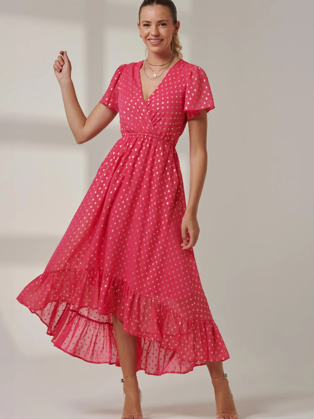 Jolie Moi Occasion Dresses|Wrap Dresses-Metallic Effect Angel Sleeve Maxi Dress, Fuschia/Gold