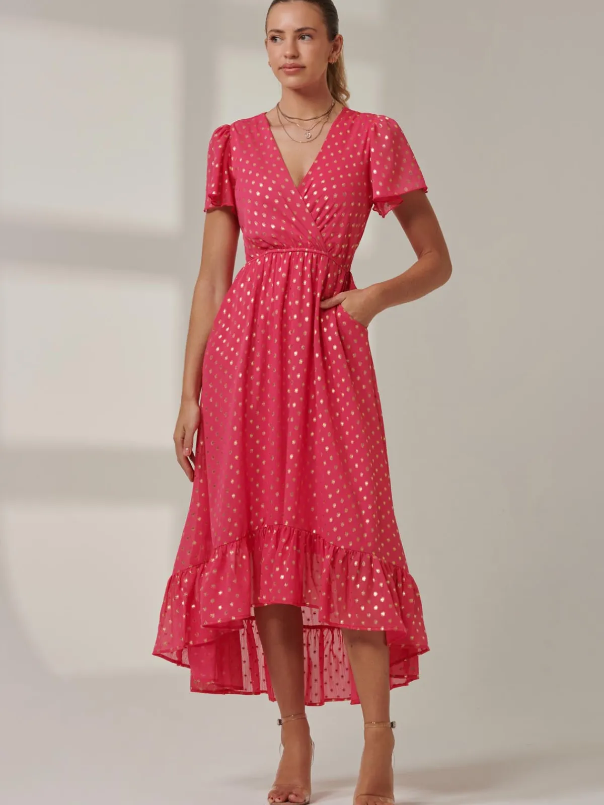 Jolie Moi Occasion Dresses|Wrap Dresses-Metallic Effect Angel Sleeve Maxi Dress, Fuschia/Gold