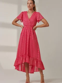 Jolie Moi Occasion Dresses|Wrap Dresses-Metallic Effect Angel Sleeve Maxi Dress, Fuschia/Gold