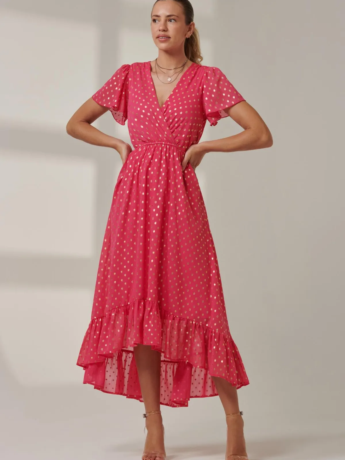 Jolie Moi Occasion Dresses|Wrap Dresses-Metallic Effect Angel Sleeve Maxi Dress, Fuschia/Gold