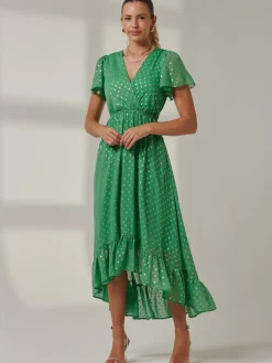 Jolie Moi Occasion Dresses|Wrap Dresses-Metallic Effect Angel Sleeve Maxi Dress, Green/Gold