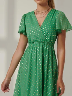 Jolie Moi Occasion Dresses|Wrap Dresses-Metallic Effect Angel Sleeve Maxi Dress, Green/Gold