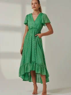 Jolie Moi Occasion Dresses|Wrap Dresses-Metallic Effect Angel Sleeve Maxi Dress, Green/Gold