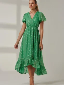 Jolie Moi Occasion Dresses|Wrap Dresses-Metallic Effect Angel Sleeve Maxi Dress, Green/Gold