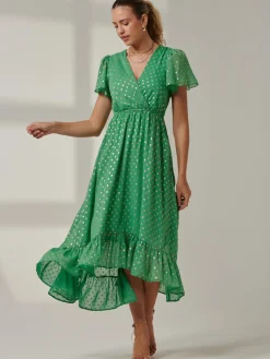 Jolie Moi Occasion Dresses|Wrap Dresses-Metallic Effect Angel Sleeve Maxi Dress, Green/Gold