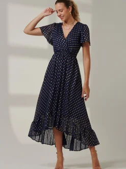 Jolie Moi Occasion Dresses|Wrap Dresses-Metallic Effect Angel Sleeve Maxi Dress, Navy/Gold