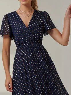 Jolie Moi Occasion Dresses|Wrap Dresses-Metallic Effect Angel Sleeve Maxi Dress, Navy/Gold