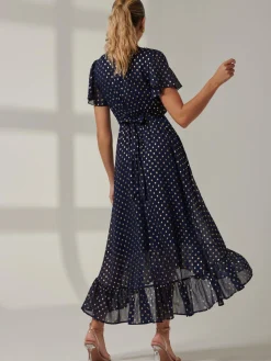 Jolie Moi Occasion Dresses|Wrap Dresses-Metallic Effect Angel Sleeve Maxi Dress, Navy/Gold