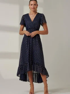 Jolie Moi Occasion Dresses|Wrap Dresses-Metallic Effect Angel Sleeve Maxi Dress, Navy/Gold
