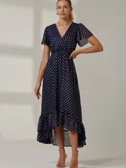 Jolie Moi Occasion Dresses|Wrap Dresses-Metallic Effect Angel Sleeve Maxi Dress, Navy/Gold