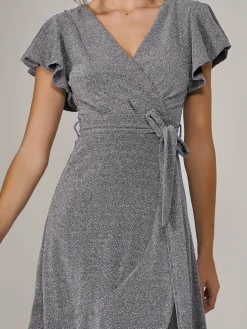 Jolie Moi Occasion Dresses|Wrap Dresses-Metallic Effect Ruffle Hem Maxi Dress, Silver