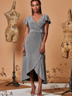 Jolie Moi Occasion Dresses|Wrap Dresses-Metallic Effect Ruffle Hem Maxi Dress, Silver