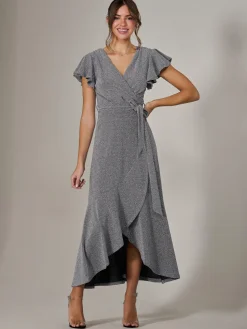 Jolie Moi Occasion Dresses|Wrap Dresses-Metallic Effect Ruffle Hem Maxi Dress, Silver