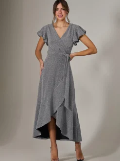 Jolie Moi Occasion Dresses|Wrap Dresses-Metallic Effect Ruffle Hem Maxi Dress, Silver