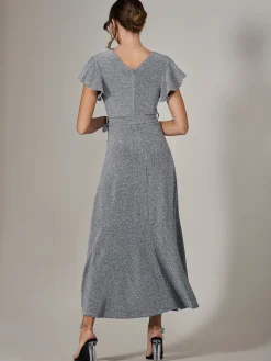 Jolie Moi Occasion Dresses|Wrap Dresses-Metallic Effect Ruffle Hem Maxi Dress, Silver