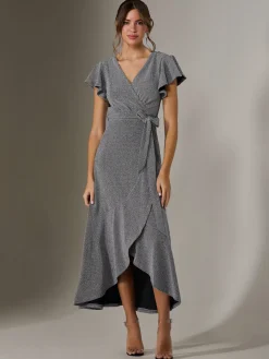 Jolie Moi Occasion Dresses|Wrap Dresses-Metallic Effect Ruffle Hem Maxi Dress, Silver