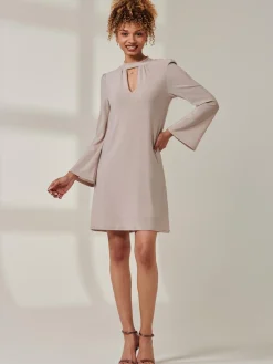 Jolie Moi Occasion Dresses|Long Sleeved Dresses-Metallic Keyhole Detail Tunic Dress, Rose Gold
