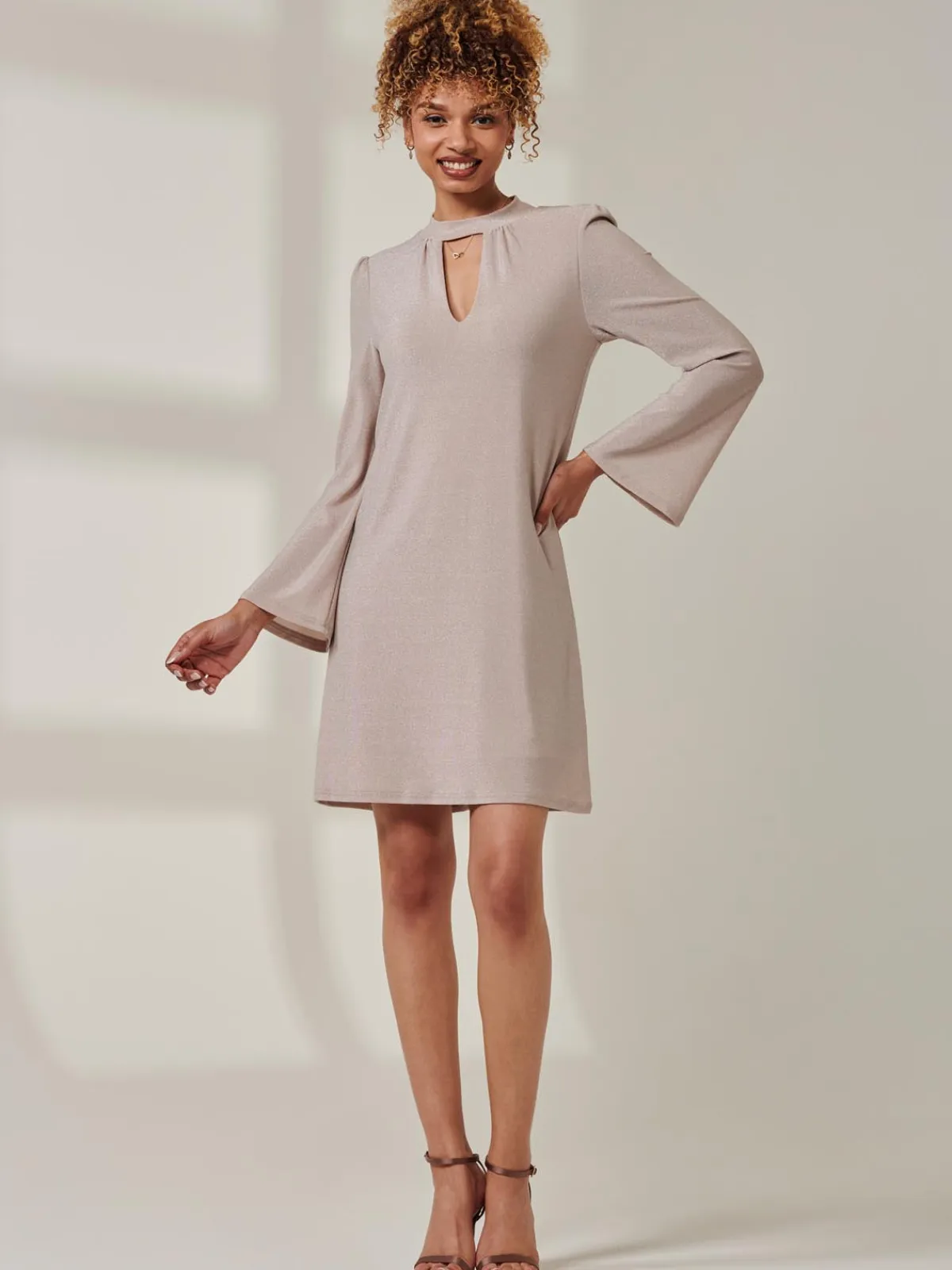 Jolie Moi Occasion Dresses|Long Sleeved Dresses-Metallic Keyhole Detail Tunic Dress, Rose Gold