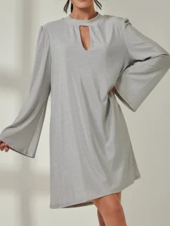 Jolie Moi Occasion Dresses|Long Sleeved Dresses-Metallic Keyhole Detail Tunic Dress, Silver